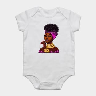 Queen Black is beautiful anime manga black girl with Gold bangles, neck ring necklace, purple dress and head wrap, brown eyes and dark brown skin ! Baby Bodysuit